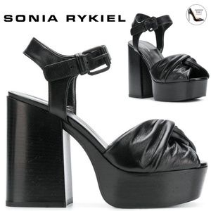 Sonia Rykiel Black Leather Draped Platform Ankle Strap Block Heel Sandal Pump 38
